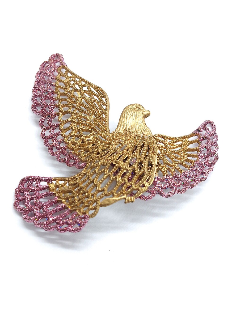 Vintage Filigree Dove Bird Brooch Pin Glitter Wings Brass Tone Flying Lapel